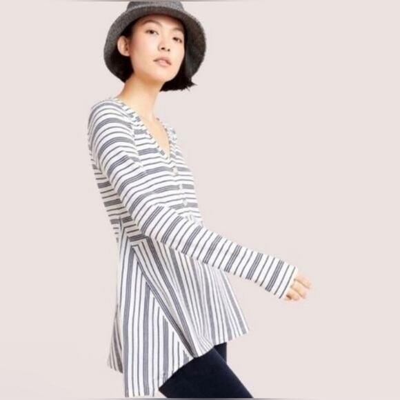 Anthropologie Maeve Eliza Henley Tunic Top White/Blue Stripe V-Neck Size M - Picture 1 of 12